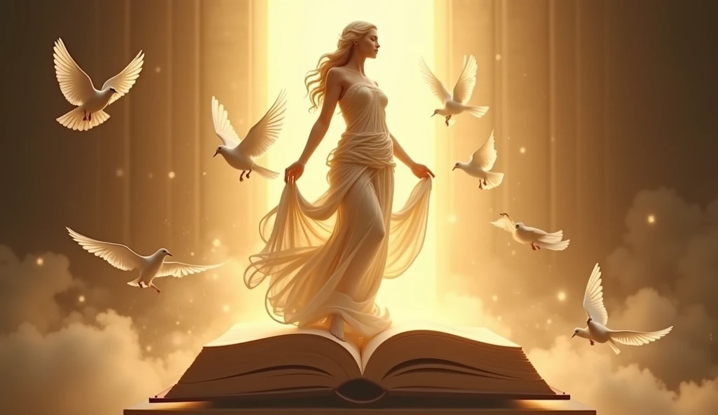 The goddess in a long skirt stands on a book，Ancient Greek mythology，Sculptural style，Behind is the golden light，White doves around