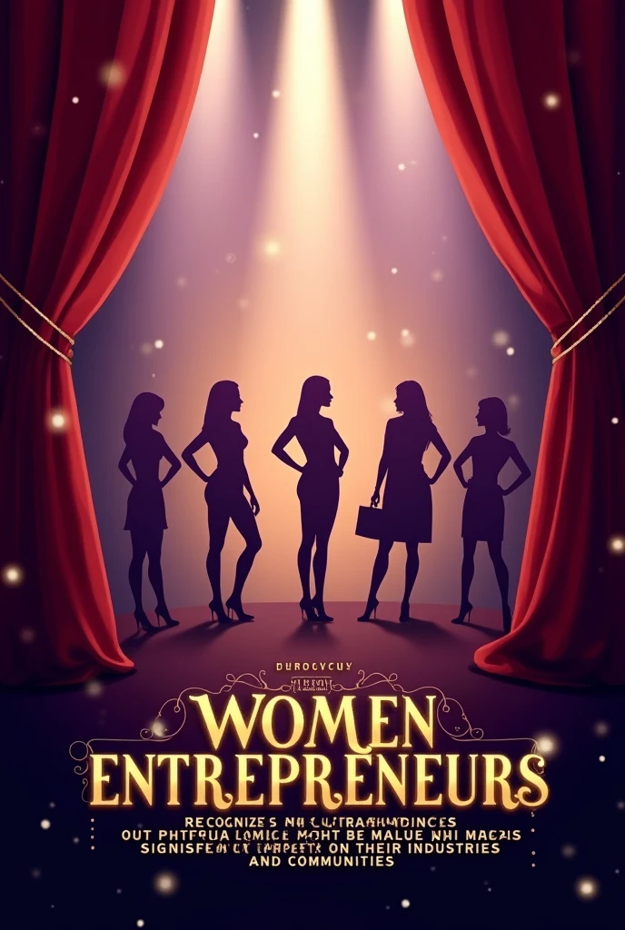 Create a image for women entrepreneur introduction poster . with grand attractive back ground and spotlights, curtain raiser and gold and glowing shine letters in the bottom middle of the post"RECOGNIZE THE OUTSTANDING ACHIEVEMENTS OF WOMEN ENTREPRENEURS WHO HAVE MADE A SIGNIFICANT IMPACT ON THEIR INDUSTRIES AND COMMUNITIES".