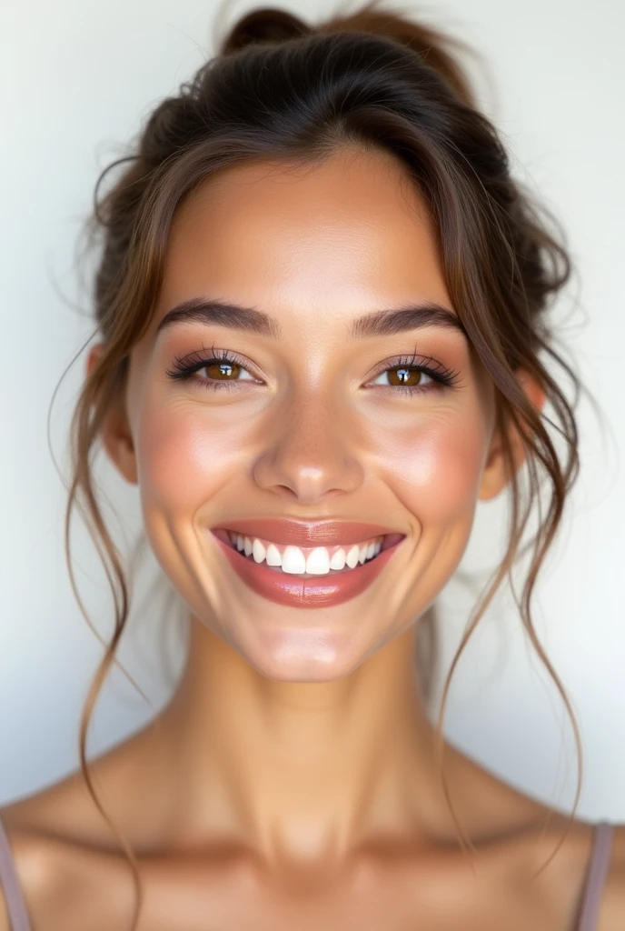 Girl 20 years old with expensive makeup and lip gloss smiling on white background