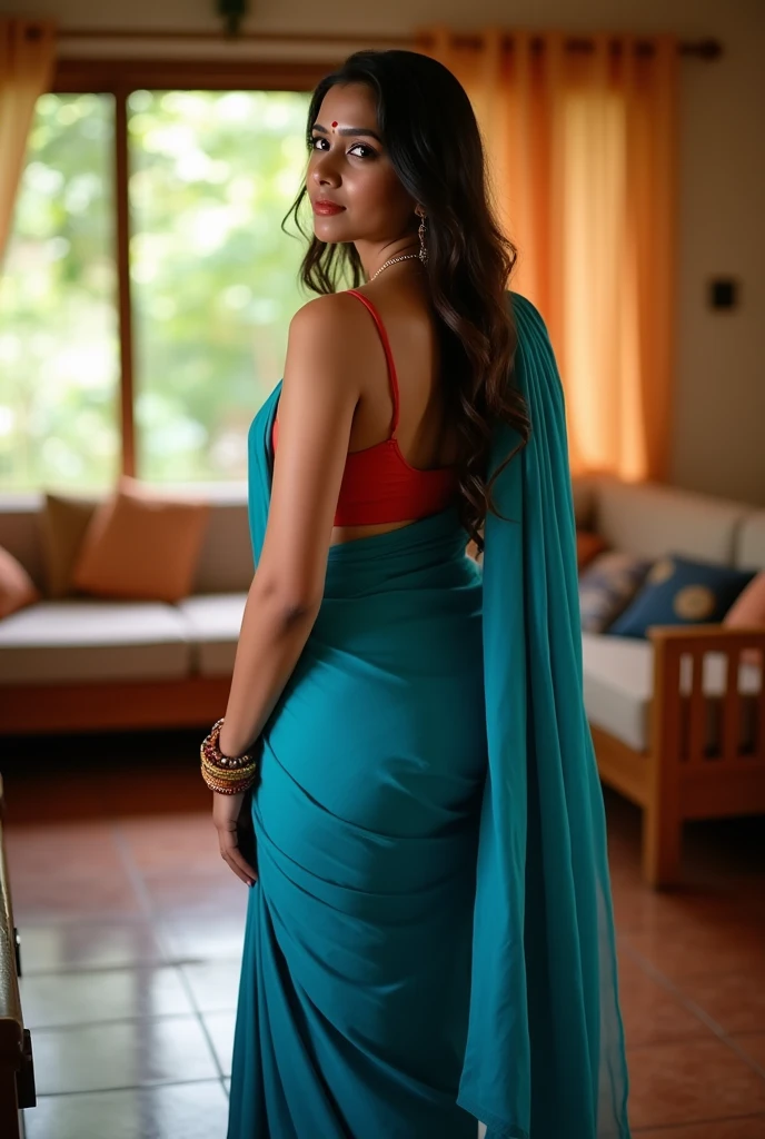 Indian curvy young female white fair skintone wearing kerala blue kasavu saree in kerala middleclass home living room. Realistic image.Closeup face.body figure looks like actress nithya menon.big breast. Without ornaments. Sindhoor in forehead. no bokeh. Back pose