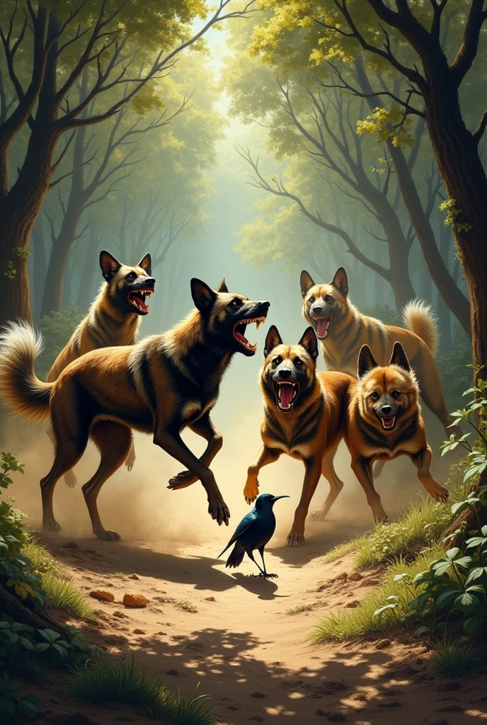Pack of dogs attacking a wild animal, harming a bird