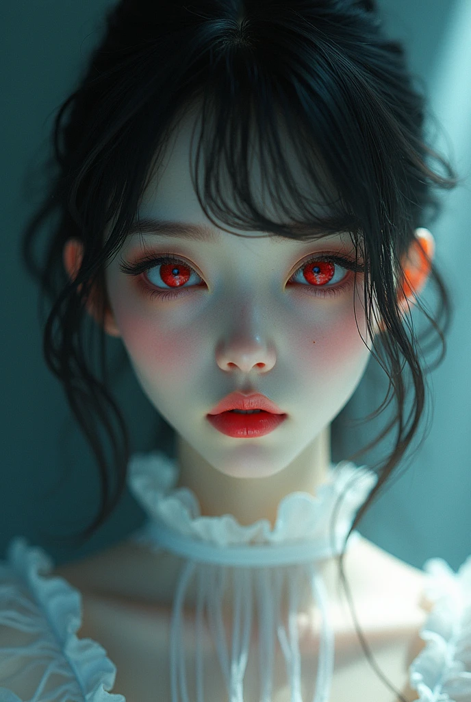 masterpiece, best quality:1.3, 1girl, white dress, long sleeves, detailed face, red eyes, beautiful detailed lips, long eyelashes, delicate facial features, expressive face, detailed skin texture, moonlight lighting, vibrant colors, cinematic lighting, soft focus, transparentcolorPVCclothing,transparentcolorvinylclothing,wholebody,glitchlump}onface,filmgrain,lens_flare,colorful,chromaticaberration,Intenseemotionalexpression:death,glitchart,ultra-detailed,extremelydelicateandbeautiful,albumcover,album,albumdescription,Pixilationonface,Doubleexposure,