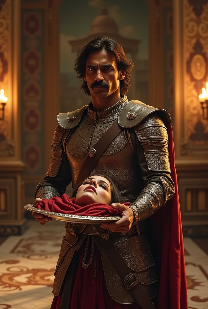A Rajput soldier carries the queen's severed head on a plate to the king.