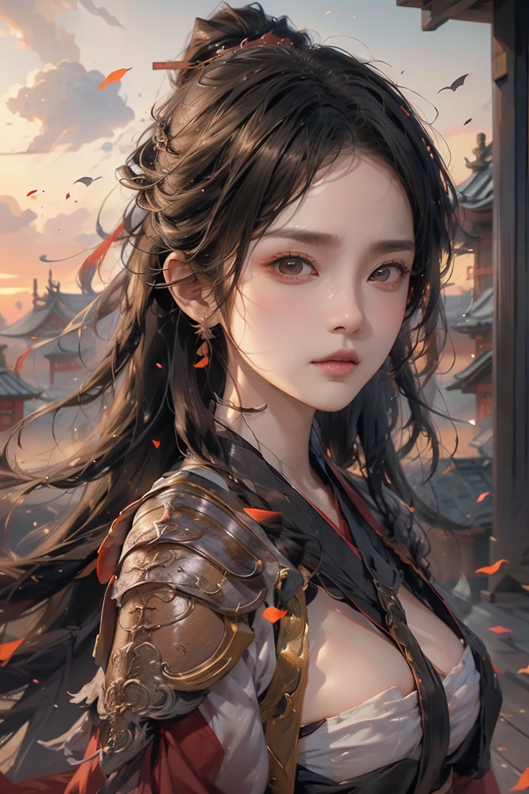 (masterpiece:1.3, Highest quality, Ultra-high resolution, Very detailed), (Realistic, photoRealistic:1.4), Perfect lighting, colorful, Written boundary depth, Browsing Caution, Surrealism,Beautiful detailsまでこだわった髪, Beautifully detailed face、Beautiful details, Perfect Face, Perfect Anatomy, Long necked supermodel,((Skinny 1.3)),Looking into the camera,(Perfect Anatomy),((beautiful girl:1.1)),(( Large Breasts: 1.3 )),(Medium Hair:1.2, Wavy Hair:1.2, Black Hair) ,Dainty facial structure、With fox ears on the head、Sengoku period、battlefield、battle、Female Samurai、Maid、armor、Battle attire、Japanese sword、Sword in both hands、nine tailed fox、Old Townscape、Old Japan、Sunset、Show whole body、Whole body、Facing forward