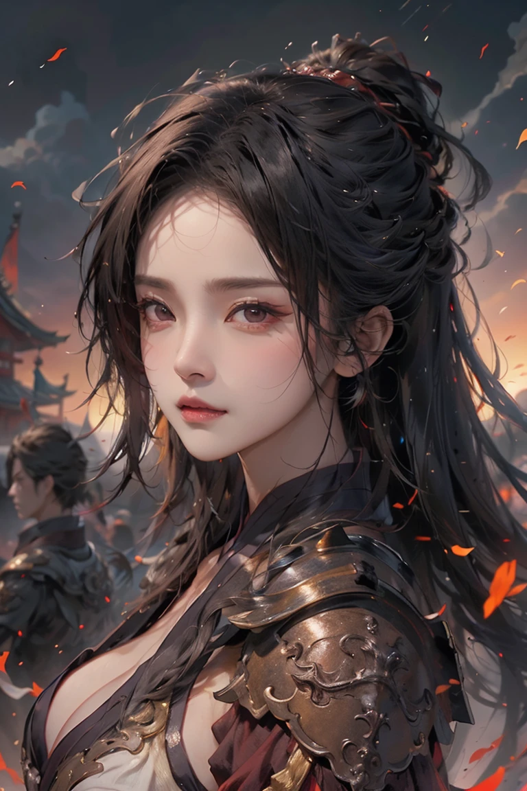 (masterpiece:1.3, Highest quality, Ultra-high resolution, Very detailed), (Realistic, photoRealistic:1.4), Perfect lighting, colorful, Written boundary depth, Browsing Caution, Surrealism,Beautiful detailsまでこだわった髪, Beautifully detailed face、Beautiful details, Perfect Face, Perfect Anatomy, Long necked supermodel,((Skinny 1.3)),Looking into the camera,(Perfect Anatomy),((beautiful girl:1.1)),(( Large Breasts: 1.3 )),(Medium Hair:1.2, Wavy Hair:1.2, Black Hair) ,Dainty facial structure、With fox ears on the head、Sengoku period、battlefield、battle、Female Samurai、Maid、armor、Battle attire、Japanese sword、Sword in both hands、nine tailed fox、Old Townscape、Old Japan、Sunset、Show whole body、Whole body、Facing forward