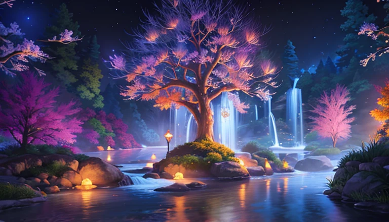 a stream of water, Magical Lights, Luminous Light!! Very detailed, Beautiful Lights, Beautiful Lights, Beautiful Lights, lots of lights, summer!! : 🌸 🍂 8K)), Magic tree, intricate Very detailed 8 k, Very magical and dreamy,, Amazing lights shine, Very beautiful lighting