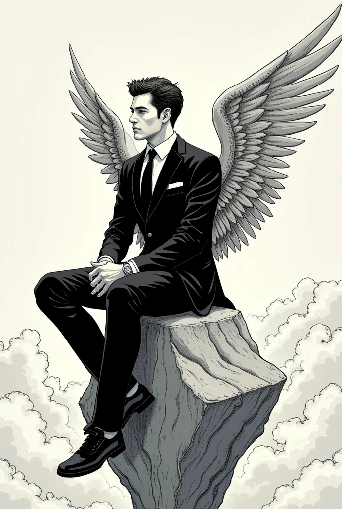 make me an uncolored sketch of a man in comic style with a black suit, white shirt and black tie sitting on a floating rock with a wing on his back