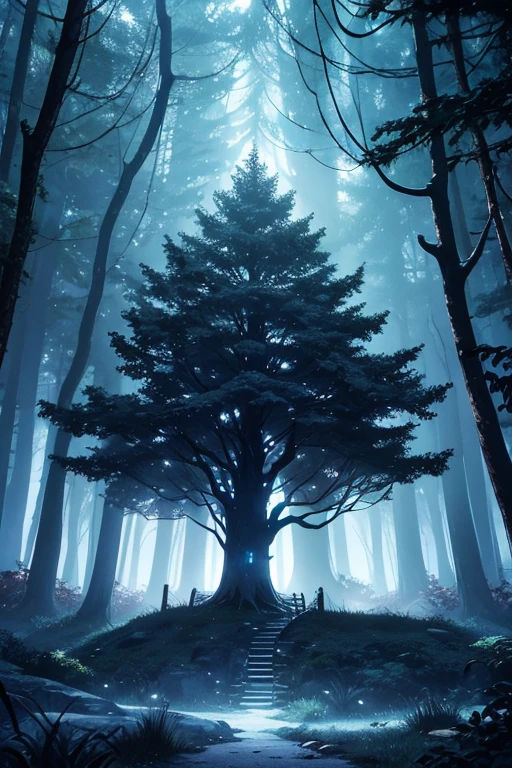 Magical and dark forest with a semi-invisible magic barrier surrounding the environment with a small tree house 