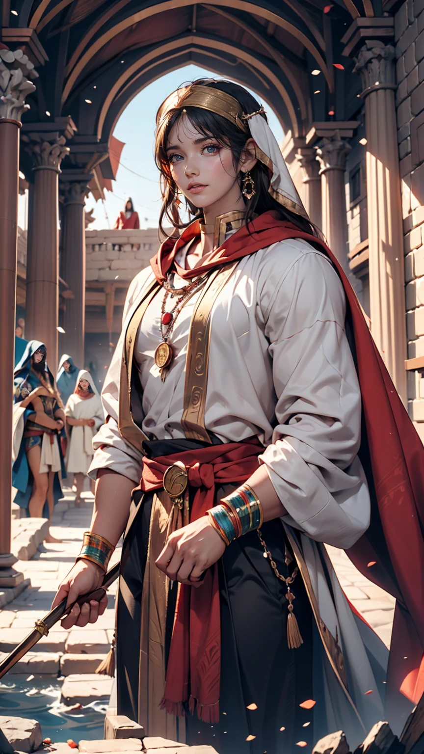 Perfect body proportions, athletic figure, medieval biblical stories. Moses led the Egyptian Jews from Egypt to Canaan. In order to escape the chasing enemies, when passing through the Red Sea, Moses prayed to God, and God had mercy on these poor people. God used his almighty power to separate the Red Sea. Leader: Moses. Stand in front of the camera. The signal told people to cross the Red Sea quickly. }}}}, crossing the Red Sea is the theme, crossing the Red Sea. light and shadow. Shocking, miraculous. Clothes: Clothes worn by slaves in ancient Egypt in 1513 BC. The elements and objects that should be presented in the era of 1513 BC are all matched in the picture. miracle. Bible Stories. Da Vinci art design.