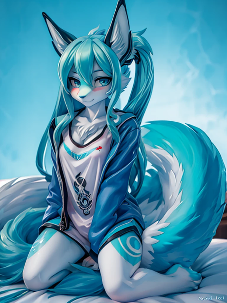 1 girl, Miku Hatsune, add high definition_detail:1, blue fur,kitsune ears, tribal tattoo add_detail:1, sentada en una cama en pijama comoda, blusa de tirantes, minishort ajustado, revisando el celular