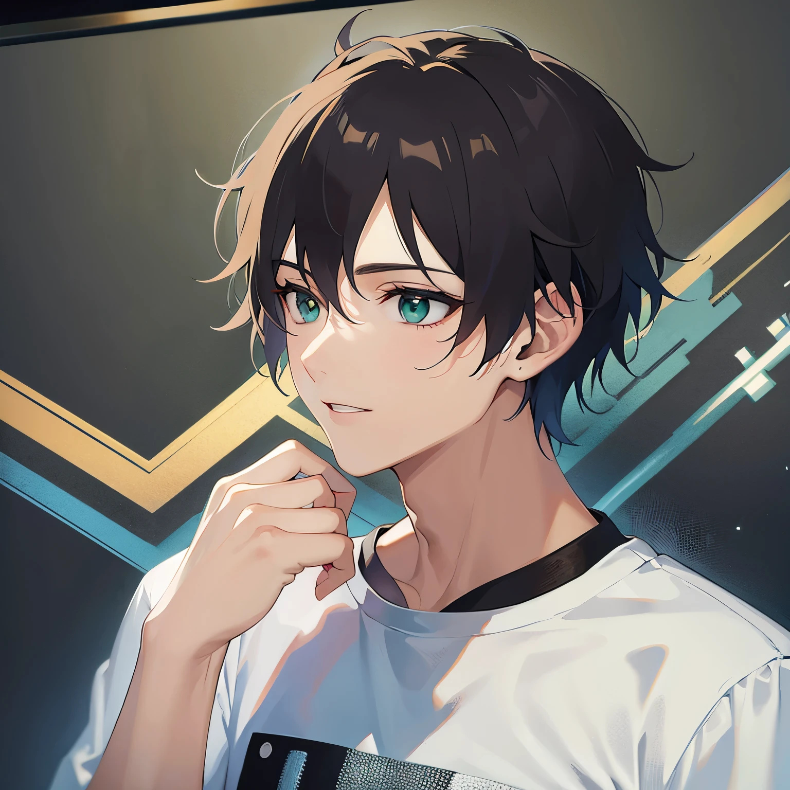BREAK(25-year-old male:1.5) and (Brown short hair) and (Green Eyes)BREAK,(looking away:1.5),upper body,(covering mouth with hand:1.5),
shiny skin, masterpiece、Highest quality、
(black T-shirts:1.5),
smile,The background is the living room at night、(alone:1.5)