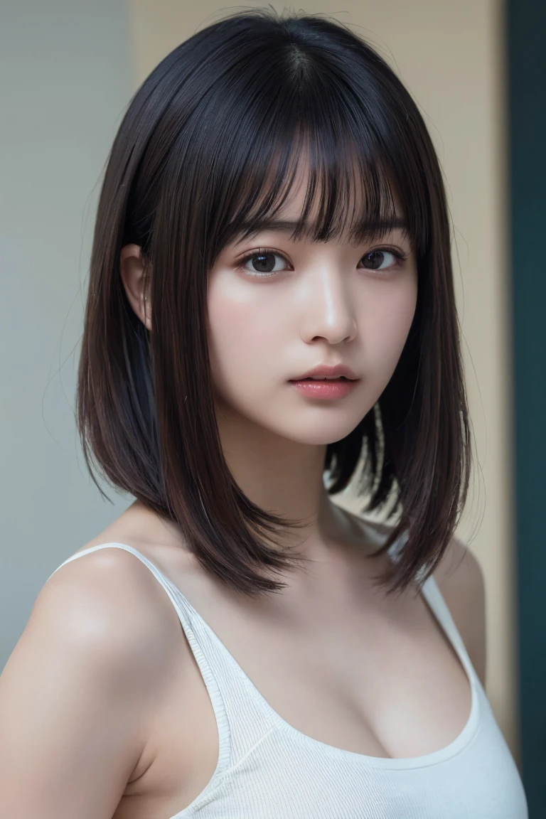 (Highest quality:1.4),(masterpiece:1.4),(Realistic:1.4),(Realistic:1.2),(超High resolution, RAW Photos:1.4),(High resolution, Very detailed:1.2),(8k:1.2),photograph,a photo of a dark-haired,Her hairstyle is a short bob with bangs..,one person's,alone,(In underwear),whole body