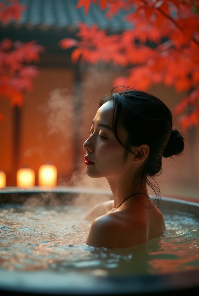 ((Highest quality、Tabletop、8k、Best image quality、Extremely intricate and detailed))、1 Beauty、Pretty woman at 40 years old、Asian、((Wearing nothing))、((Flat Chest:1.6))、(Small bust size:1.6)、Bathe in the open-air bath、Immersed in hot spring water up to my chest、(With a luxury hot spring inn in the background、Inside a top-class hot spring inn、Luxurious and detailed interior、Very exquisite interior、Elegant interior of a high-quality hot spring)、(Smile at me:1.1)、her hair was tied elegantly at the back of her head.、Red autumn leaves、The most elegant and beautiful Japanese gardens、Midnight、Romantic and atmospheric warm lighting、A bright night、Nude photos from the chest up、Very thick steam rising、Detailed face、(Accurate anatomy:1.1)、Beautiful face in every detail、Blurred Background、Portrait Photography、1. Japanese-style lantern lighting