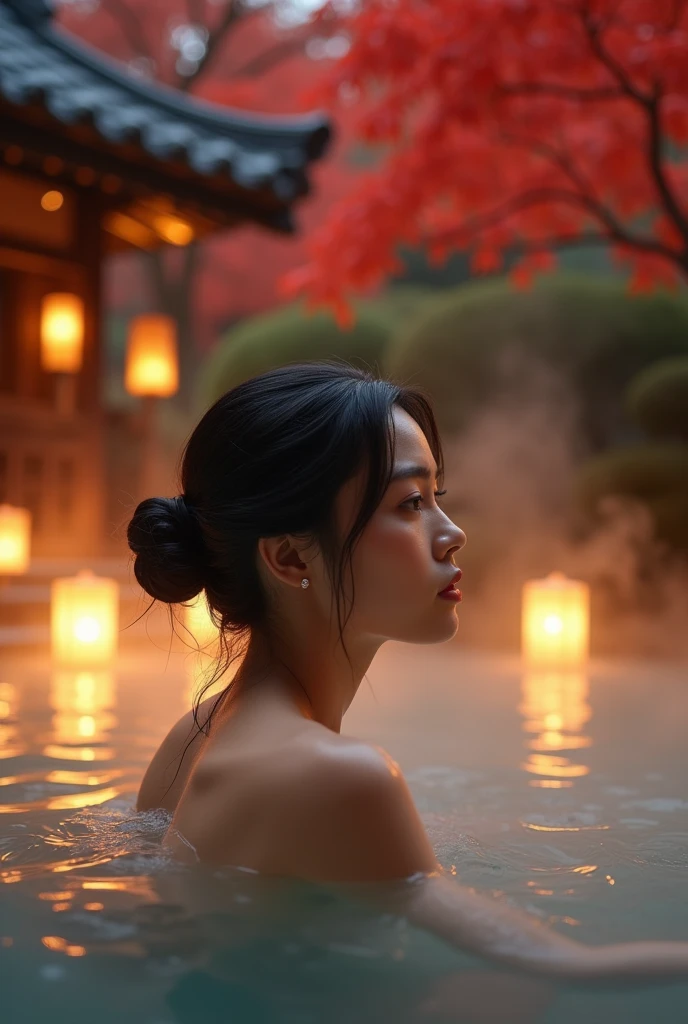 ((Highest quality、Tabletop、8k、Best image quality、Extremely intricate and detailed))、1 Beauty、Pretty woman at 40 years old、Asian、((Wearing nothing))、((Flat Chest:1.6))、(Small bust size:1.6)、Bathe in the open-air bath、Immersed in hot spring water up to my chest、(With a luxury hot spring inn in the background、Inside a top-class hot spring inn、Luxurious and detailed interior、Very exquisite interior、Elegant interior of a high-quality hot spring)、(Smile at me:1.1)、her hair was tied elegantly at the back of her head.、Red autumn leaves、The most elegant and beautiful Japanese gardens、Midnight、Romantic and atmospheric warm lighting、A bright night、Nude photos from the chest up、Very thick steam rising、Detailed face、(Accurate anatomy:1.1)、Beautiful face in every detail、Blurred Background、Portrait Photography、1. Japanese-style lantern lighting
