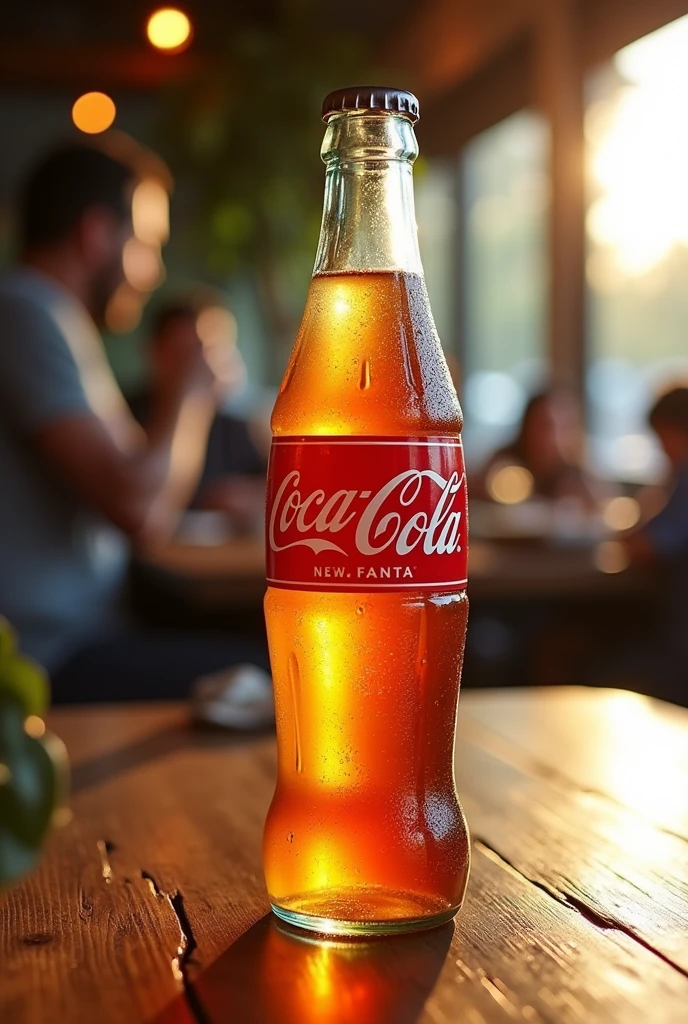 A glass bottle of coca-cola ks, positioned on a table, with the Coca-Cola label and lid, but having fanta inside