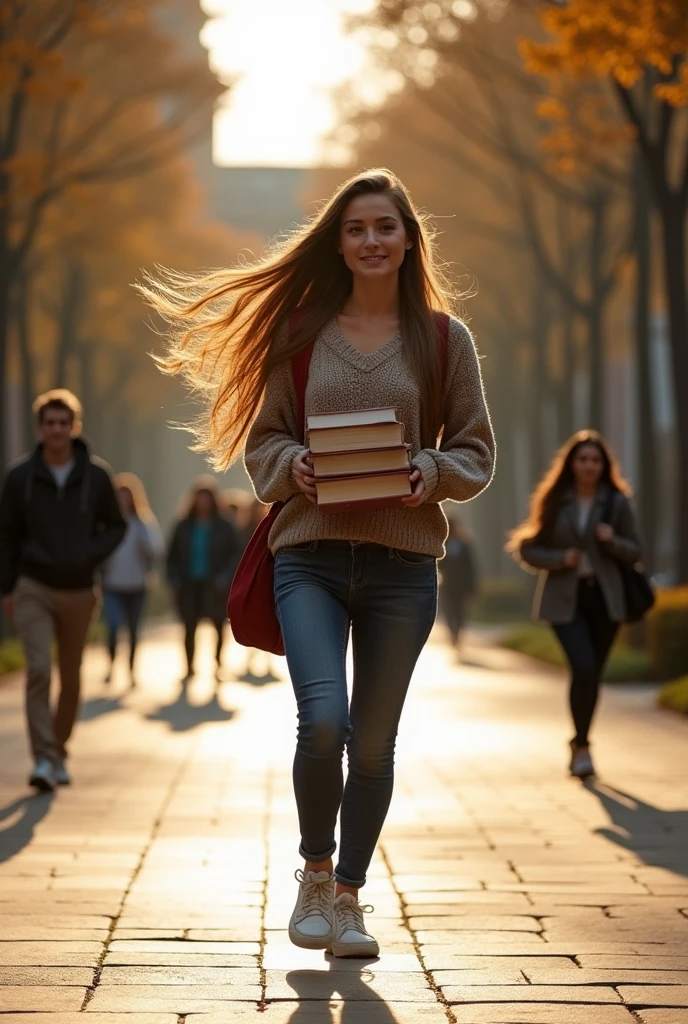 A woman walking through College campus