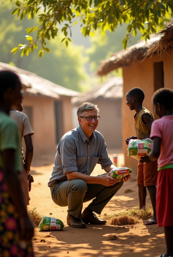 Bill Gates helping to village poor most people with food and sit position