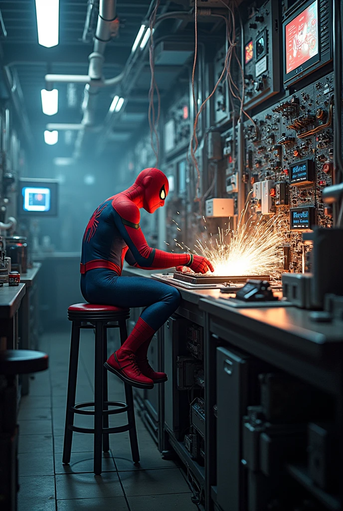 Spiderman sitting,repairing the big chip in the electronic lab in the cinematic view