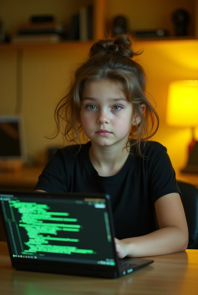 A girl with laptop showcasing her skills black and white with yellowish tint or temperature. 