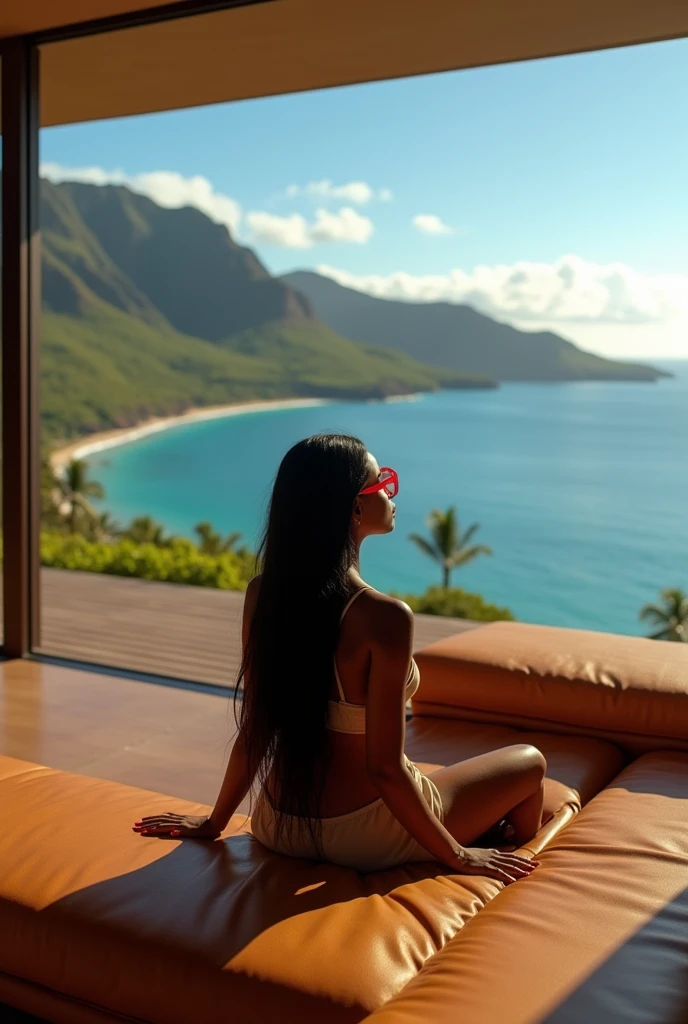 african girl, 19 ans, long black hair, red glasses, sitting in a large luxury modern living room, tan furniture, dark lighting, day, panoramic view of Hawaii out of the window, wearing acne studio