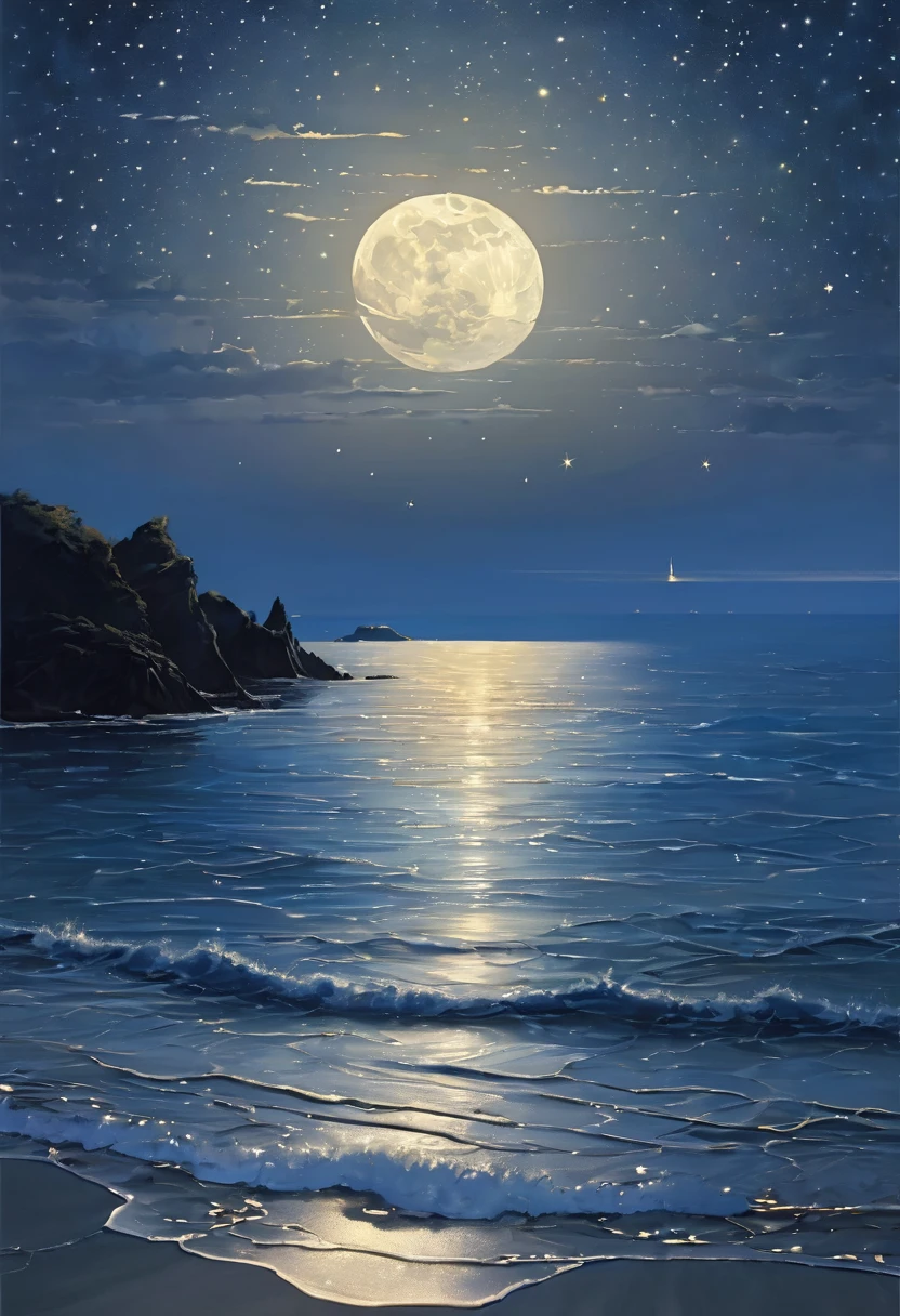 Under the gentle glow of the full moon, The calm sea stretches to the horizon. The moonlight casts a silvery glow on the gentle ripples on the water., Creates a shimmering path that appears to lead to the moon itself. Gentle waves crash on the shore, Whispering secrets in the night. In the distance, Silhouettes of small islands and rocks break the smooth lines of the horizon. The sky is clear, Stars studded like diamonds. This calm night view of the sea、It exudes a calm and quiet beauty., Inviting contemplation and a sense of wonder.