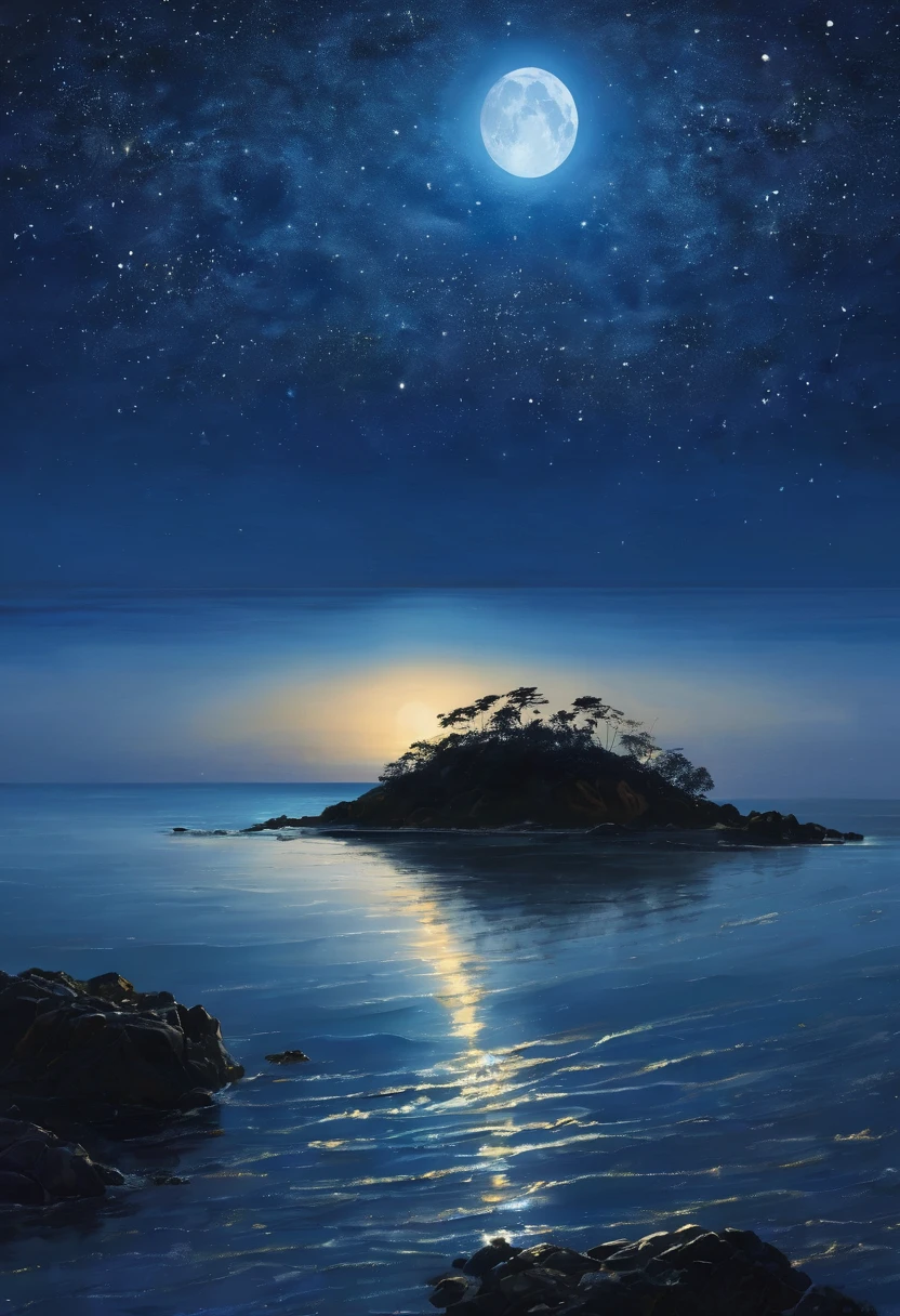 Under the gentle glow of the full moon, The calm sea stretches to the horizon. The moonlight casts a silvery glow on the gentle ripples on the water., Creates a shimmering path that appears to lead to the moon itself. Gentle waves crash on the shore, Whispering secrets in the night. In the distance, Silhouettes of small islands and rocks break the smooth lines of the horizon. The sky is clear, Stars studded like diamonds. This calm night view of the sea、It exudes a calm and quiet beauty., Inviting contemplation and a sense of wonder.