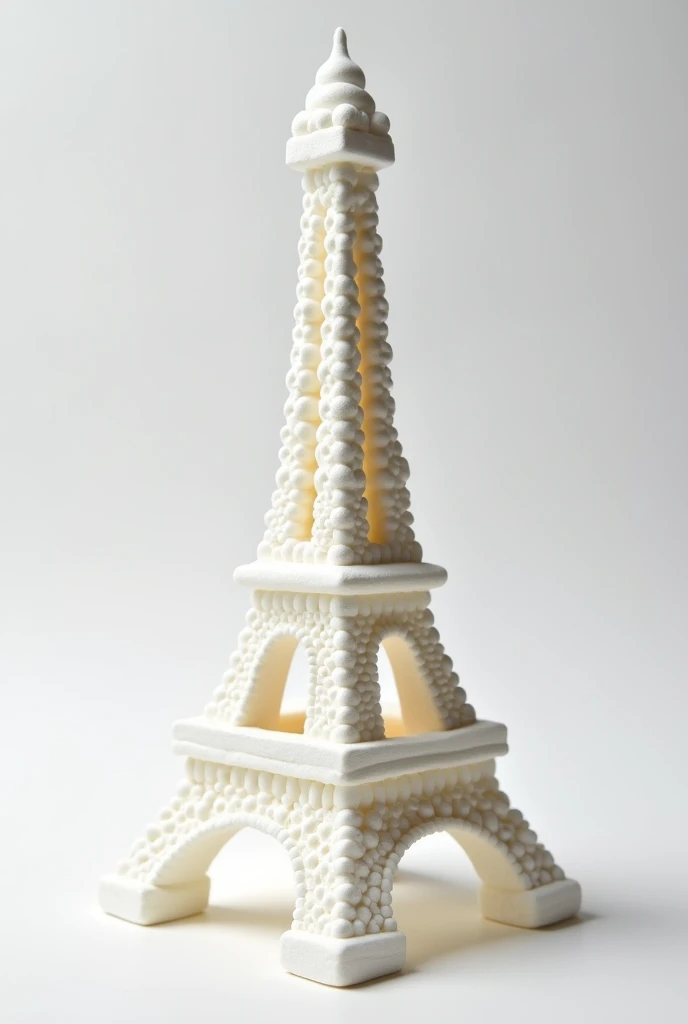 An Eiffel tower made of marshmallow on a white background