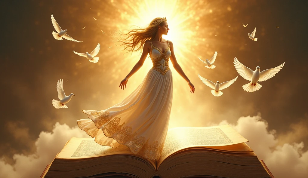 The goddess in a long skirt stands on a book，Ancient Greek mythology，Behind is the golden light，White doves around
