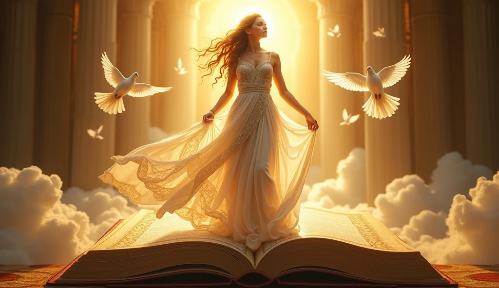 The goddess in a long skirt stands on a book，Ancient Greek mythology，Behind is the golden light，White doves around