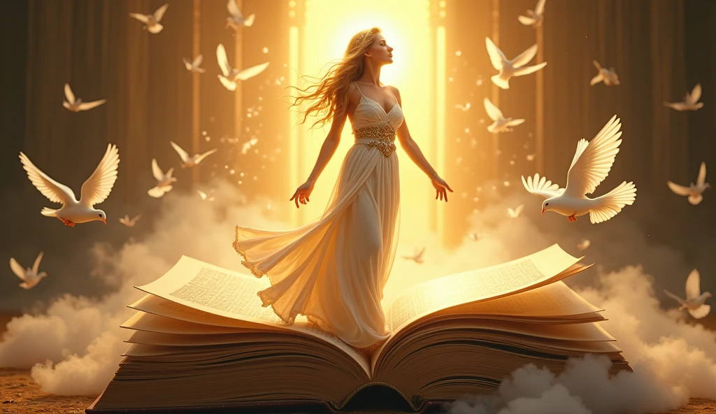 The goddess in a long skirt stands on a book,Ancient Greek mythology,Behind is the golden light,White doves around