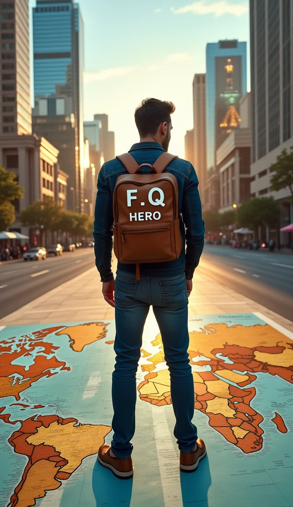 A ((good physique stylish, jeans wearing)) man standing on the world map. The back of the boy is visible. There is a ((stylish)) bag pack on his back. Fantasy word "F.Q HERO" is written on the bag. He is looking at an OSCAR in the buildings building in front of him. A realistic, aesthetic poster.