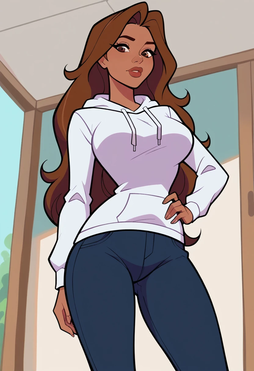 embedding:urn:air:sd1:embedding:civitai:222256@250708, score_9, score_8_up, score_7_up, score_6_up, jbr4v0, 1girl, solo, white hoodie, black jeans, big_breasts, long hair, (thin_lips), brown hazel eyes, brown skin, low angle, posing