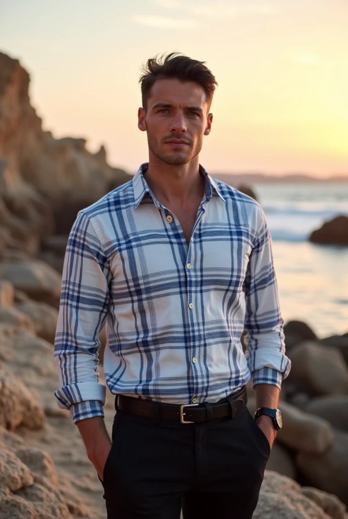 A white man, at 33 years old, model type, with short dark hair, with blue eyes, wearing a white and blue plaid shirt buttoned up, black pants with belt,  tennis, on top of a stone pier in Alentejo at sunrise