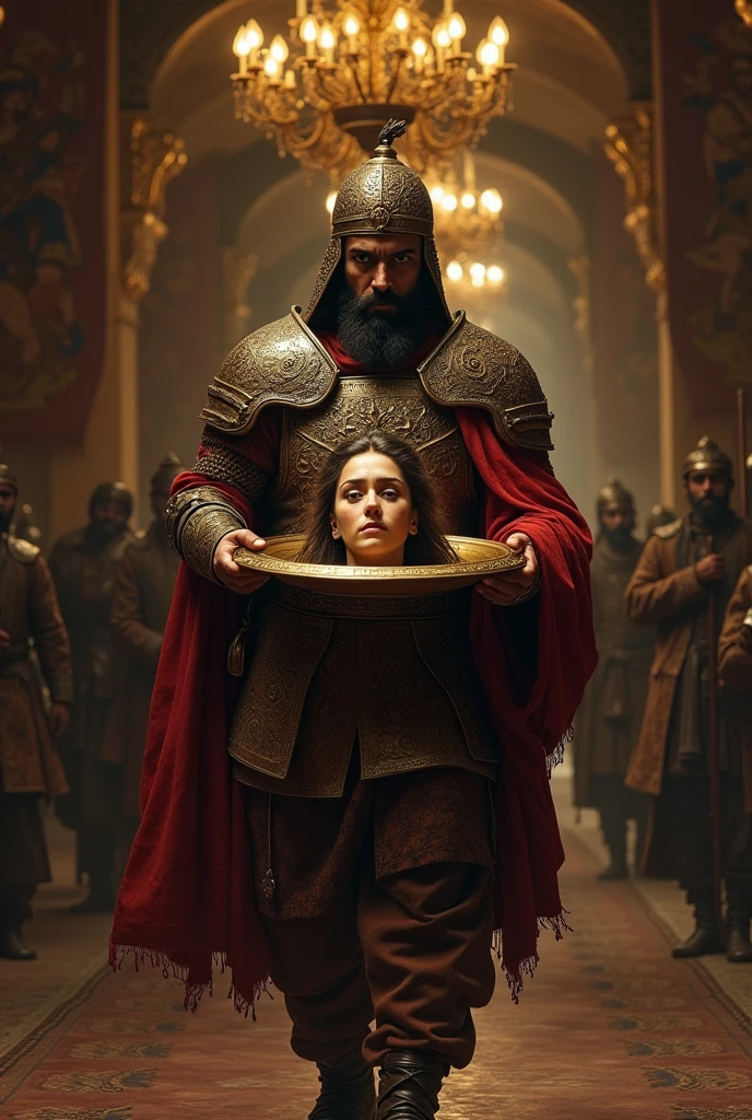 A Rajput soldier carries the queen's severed head on a plate to the king.