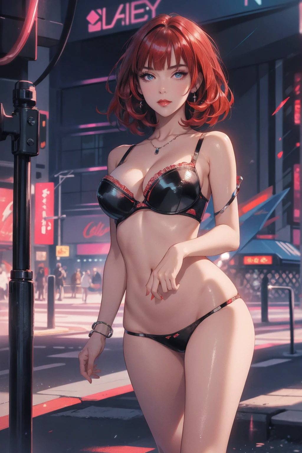 1girl,a beautiful fashion model ,(masterpiece, detailed background, best quality),short and shiny hair, red hair, hair with highlights, bangs, smirk,juicy lips,red lips, calmart, lingerie, stripping, elegant makeup, blue eyes, full body shot, (shiny skin), cyberpunk, sci fi, boa, extravagant jewelry, cocky expression, covered in jewelry, fancy, , bra, thong, stripping, cyberpunk club, (stripper pole)