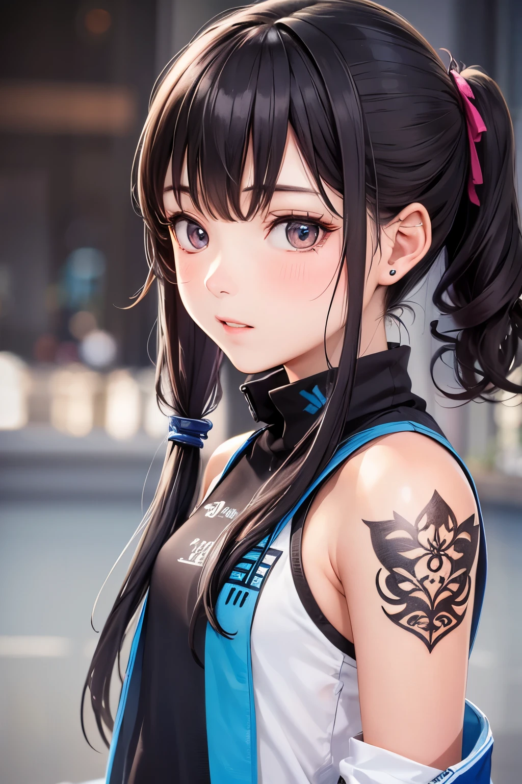 (Top Quality), ((Excellent)), (Details), Perfect face. 17 year old close-up, idol, short curly pigtails, small tattoo on left thigh, face lit from the front, outdoor stage