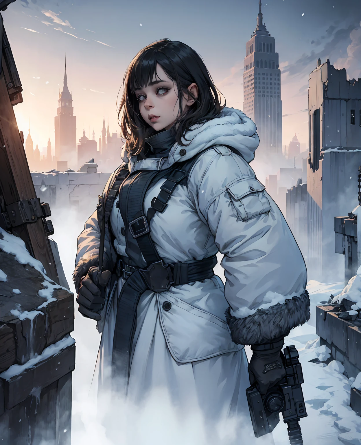 realistic midget woman, apocalyptic snow-covered frozen city ruins, detailed facial features, photorealistic, cinematic lighting, muted color palette, wide angle lens, dramatic composition, highly detailed environment