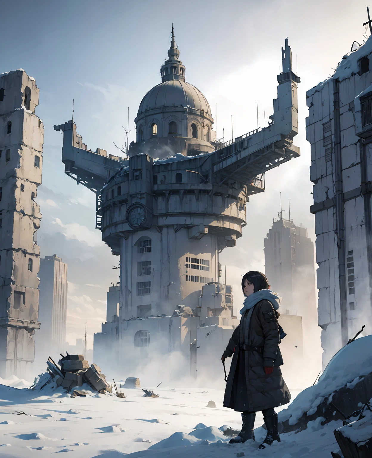realistic ?????? woman, apocalyptic snow-covered frozen city ruins, detailed facial features, photorealistic, cinematic lighting, muted color palette, wide angle lens, dramatic composition, highly detailed environment