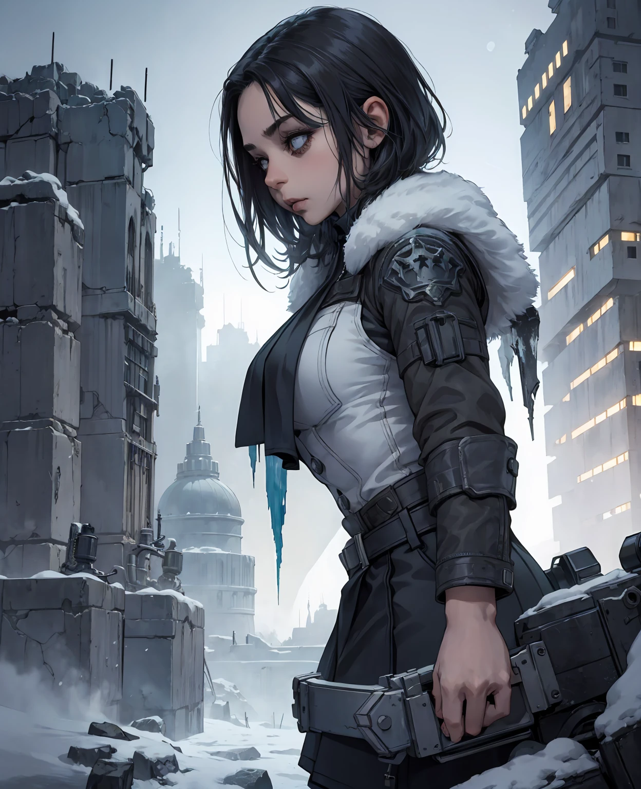 realistic midget woman, apocalyptic snow-covered frozen city ruins, detailed facial features, photorealistic, cinematic lighting, muted color palette, wide angle lens, dramatic composition, highly detailed environment
