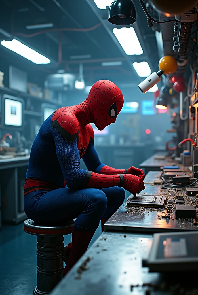 Spiderman sitting,repairing the big chip in the electronic lab in the cinematic view,no spark