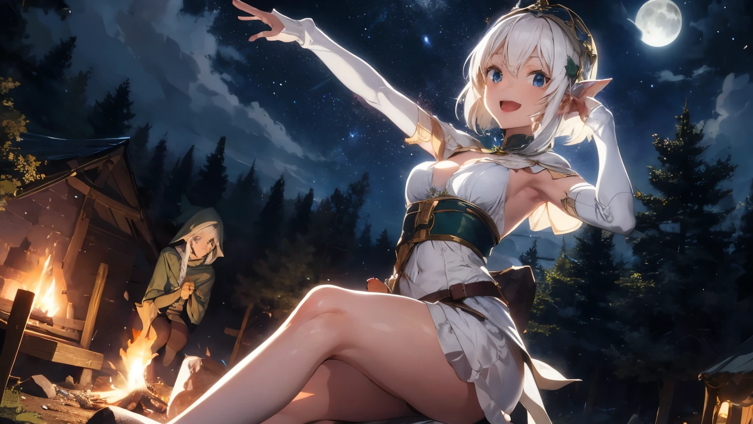 sexy elf woman with white hair, wearing medieval dress having fun dancing around the campfire with crowd under the moon light at the center of medieval forest at midnight.