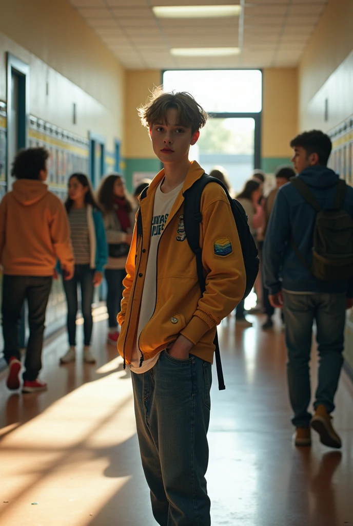 An androgynous high school student with a red right eye and a blue left eye.