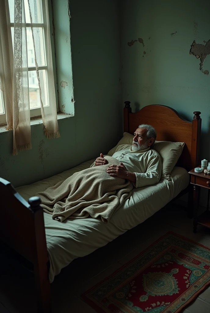 A realistic image of a modern. A poor islamic old man comes ill in bed