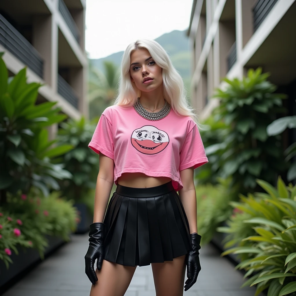 The image features a young woman standing outdoors, striking a pose that exudes confidence and style. She wears a trendy outfit consisting of a cropped pink T-shirt with a playful logo, paired with a black pleated mini skirt, and knee-high black boots. Accessorized with a chunky necklace, and styled with long platinum blonde hair flowing freely, she captures a modern, youthful fashion sensibility. The backdrop of lush greenery and contemporary architecture adds an urban yet serene atmosphere, emphasizing her chic and vibrant persona. This scene is perfect for narratives centered around fashion, youth culture, or vibrant urban life