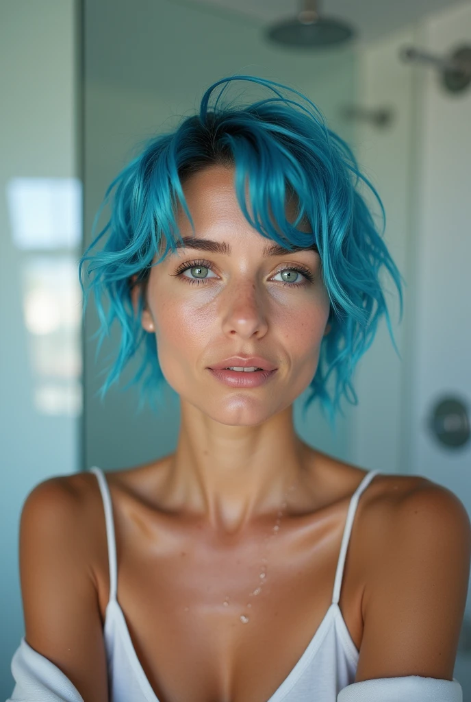 A stunning portrait photograph of a young woman with blue hair, sporting a slightly tousled undercut hairstyle. She stands in a bathroom, exuding confidence, with water droplets shimmering on her skin. The bathroom is tastefully decorated with modern fixtures and a minimalist aesthetic. The overall ambiance of the photo is fresh and invigorating, highlighting the woman's natural beauty and strength., photo, portrait photography