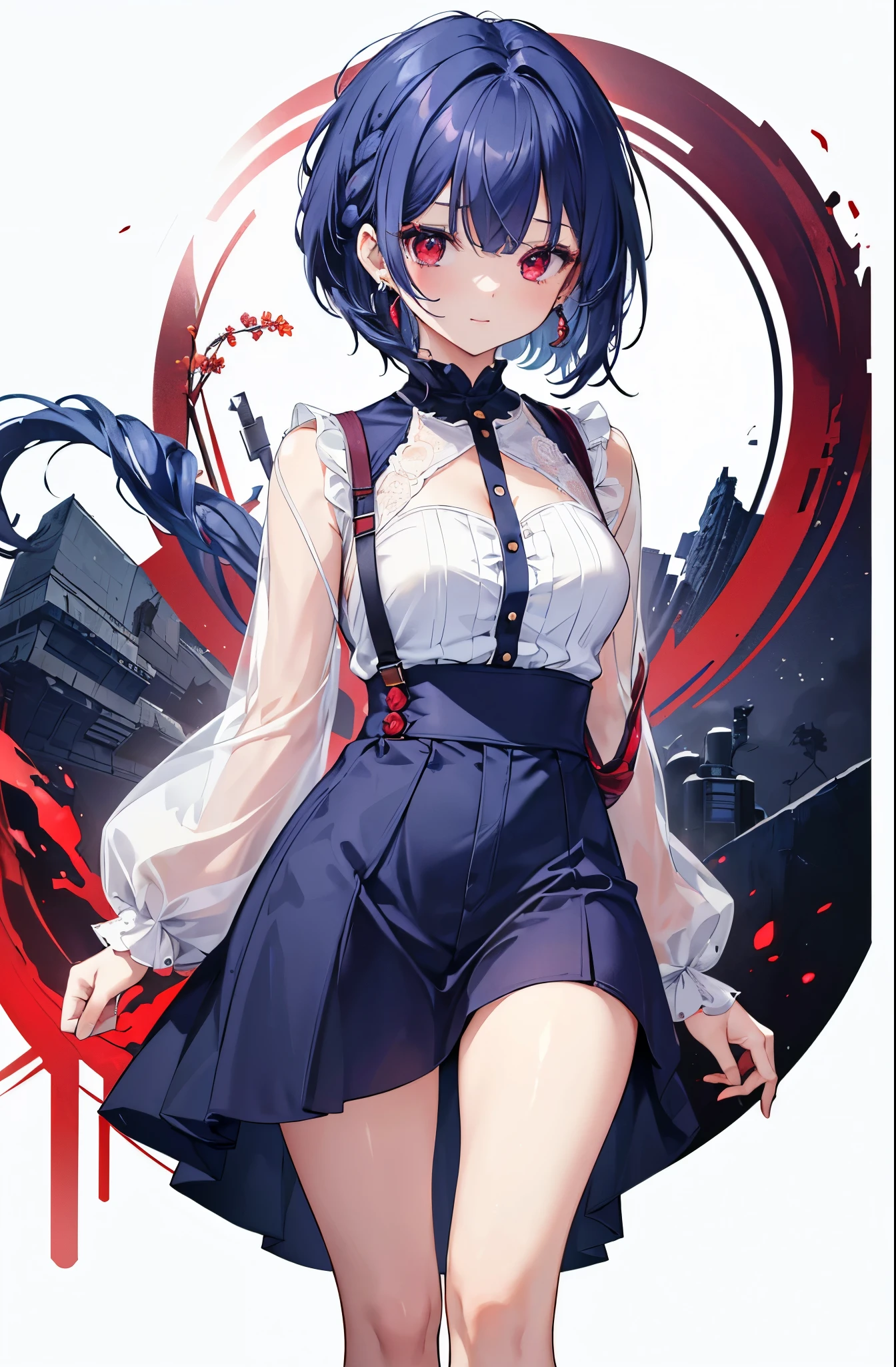 {{masterpiece}}, The best quality of life, 超High resolution, Attention to detail, high quality, High resolution, 最high quality, 4K, 8k,Attention to detail,((short indigo hair、Deep blue short hair)Braided Hair、Her bangs are swept to the side, exposing her forehead.) 、 Cute female, 、One woman、(((Crimson Eyes、Red eyes、Red eyes、Beautiful attention to detail,A woman with beautiful eyes)))、Expressionless adult woman、((White background))、small but well-shaped breasts,、(((Casual Fashion、Modern fashion)))、standing smiling、Cute Smile、Small earrings