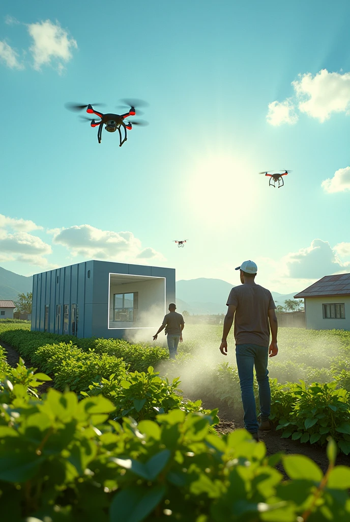 accurately spelled text "RHIFLUX SMART FARMS"), photorealistic, vibrant colors, dynamic composition, (solar powered) electro cube, innovative technology, cutting-edge design, lush farm background, clear blue sky, bright sunlight illuminating details, nature integrated, sustainable energy concept, high detail, 4K quality, African farmers farming, some African farmers spraying, drones spraying water on plants, tractor in the fields, solar panel on the house.
