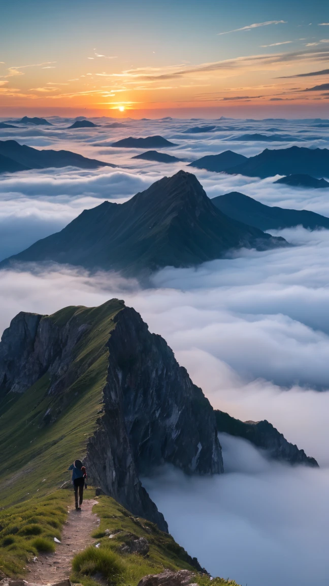 (Realistic:1.3), RAW Photos, (Nature landscape photography), (Majestic Mountain々The summit of the, sea of clouds), (とても大きな山The summit of the), (sunset), (one person's), (Upper Body), (20-year-old), (smile:0.9), (Glowing Skin), (short hair, Dark brown hair), (White camisole), (Cargo shorts), (Ultra detailed face), (Highly detailed eyes), (Highly detailed nose), (Highly detailed mouth), (Very skilled hands), (Super-detailed body), Sony a7, 85mm lens, f9.0, Pan Focus