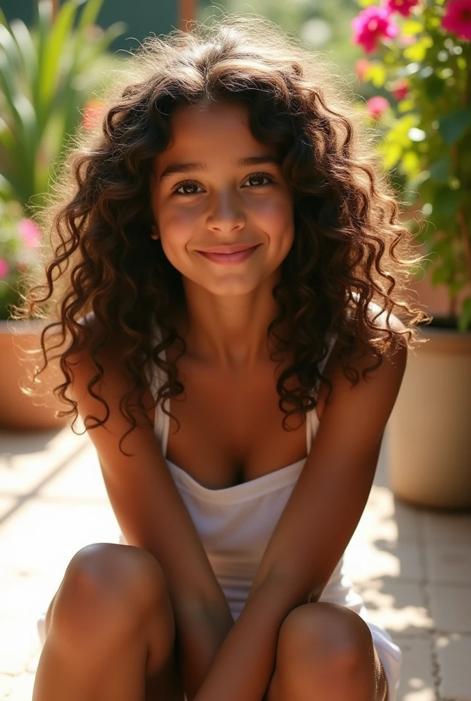 A brunette girl with curly hair and big breasts sits with her legs stretched out, taking a realistic photo