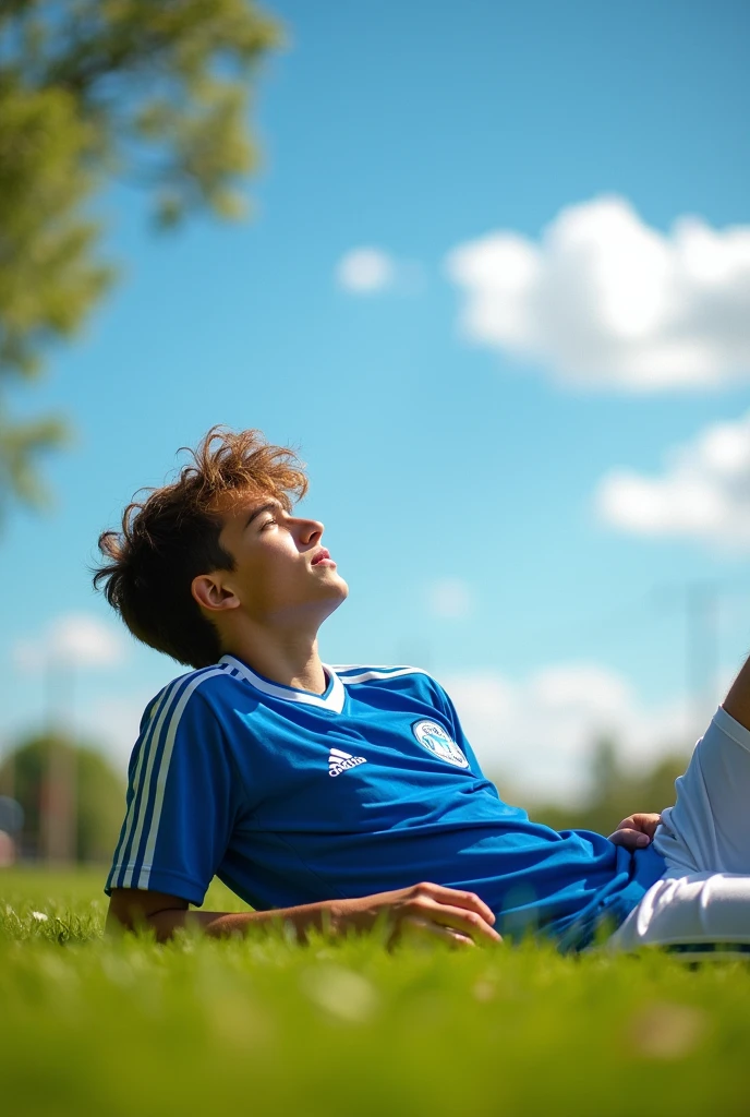 Wide picture of A 18 year old boy wearing jersey lying in   grass looking up 